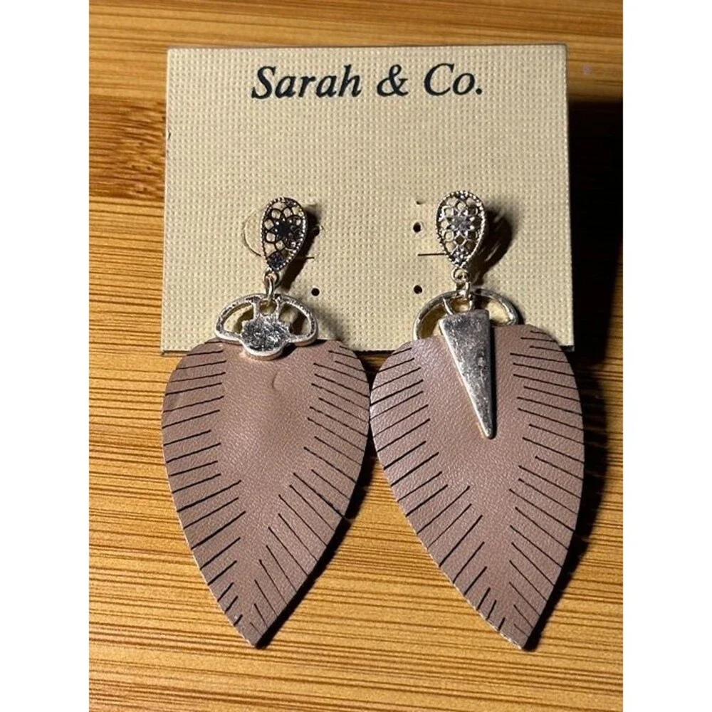 Sarah & Co Brown Leather Leaf Dangle Earrings Silver Filigree Stud Boho New